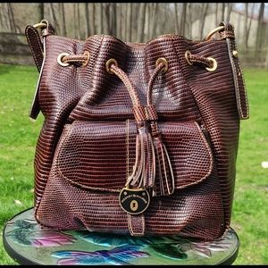 Dooney & Bourke Brown Leather Reptile Pattern Drawstring Samba